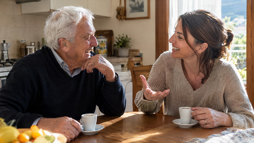 Padre e figlia che ridono in cucina
