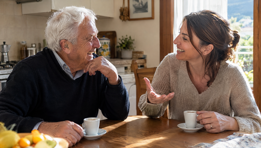 Padre e figlia che ridono in cucina